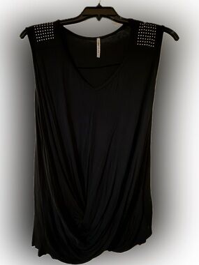 Sleeveless Black V-Neck Tunic with Stud Shoulder Detail